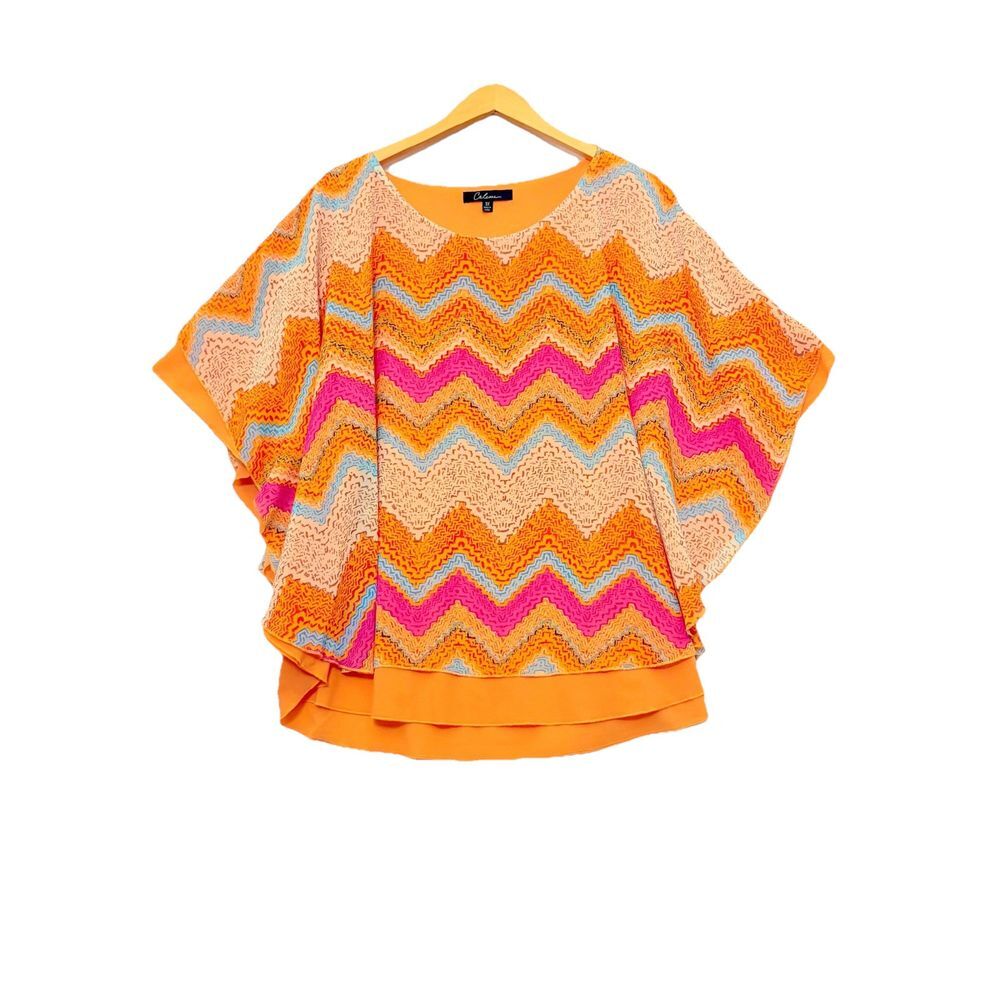 Calessa Blouse Women‎ 3X Kimono Sleeve Layered Orange Chevron Boho Artsy Top